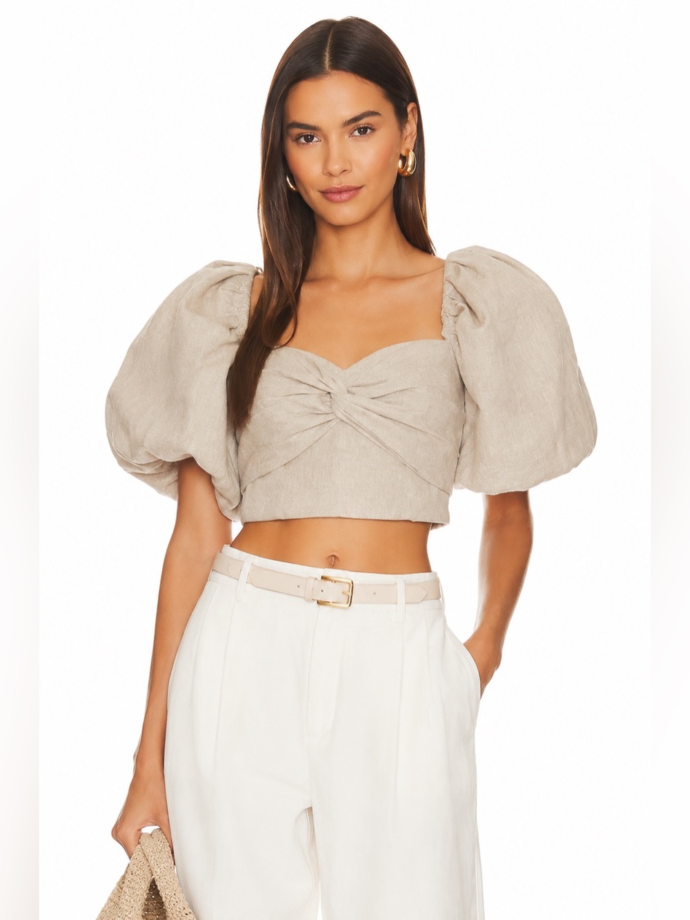 Twist Front Puff Sleeve Crop Top - Beige - Picture 1 of 9